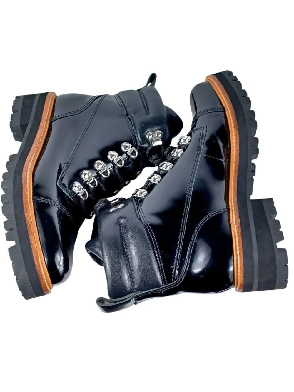 Marc Fisher Boots Lug Sole Ankle Lace Patent Leather Black Combat Women Size 6